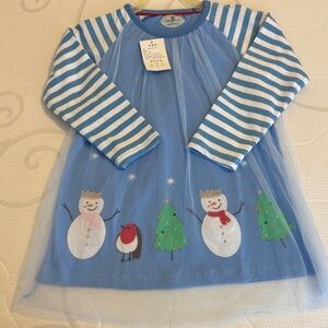 Blue Snowman and Tree Dress with Striped Sleeves copycat Boden nwt
